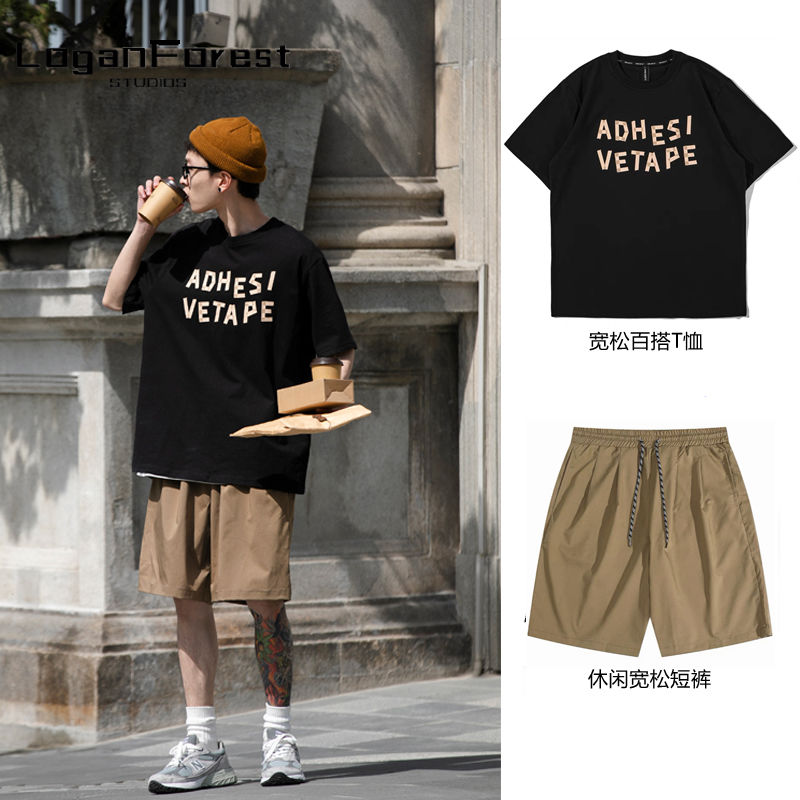 Hong Kong style summer short sleeve suit couple korean version fashion men and women handsome student leisure sportswear single two piece set