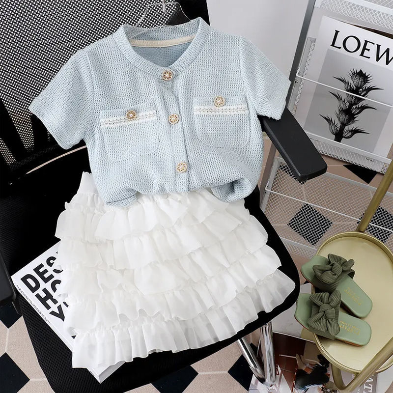 Girls' summer suit 2022 summer new children's fragrance summer suit girls' cake skirt two piece set