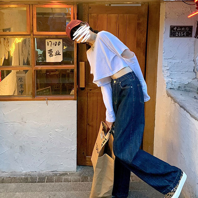 Dark high waisted retro wide leg jeans women's spring and Autumn New Korean version straight tube loose and slim pants with floor draping feeling
