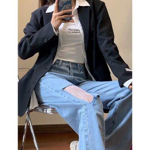 Ripped jeans women  summer high waist straight tube loose wide legs thin ins Harajuku style lazy long pants