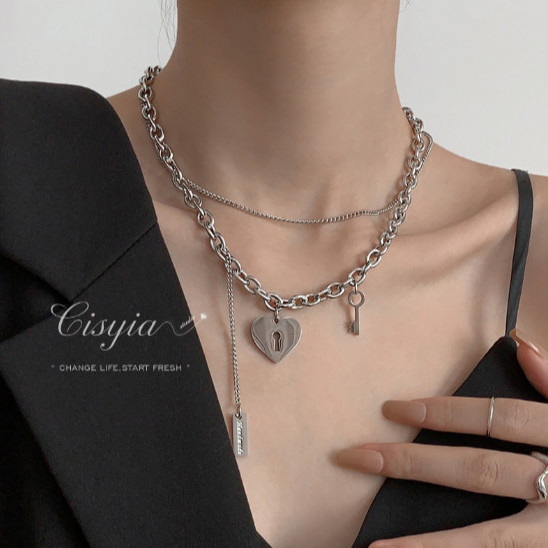 Double layered titanium steel necklace female ins hip hop niche design key love lock pendant temperament clavicle chain