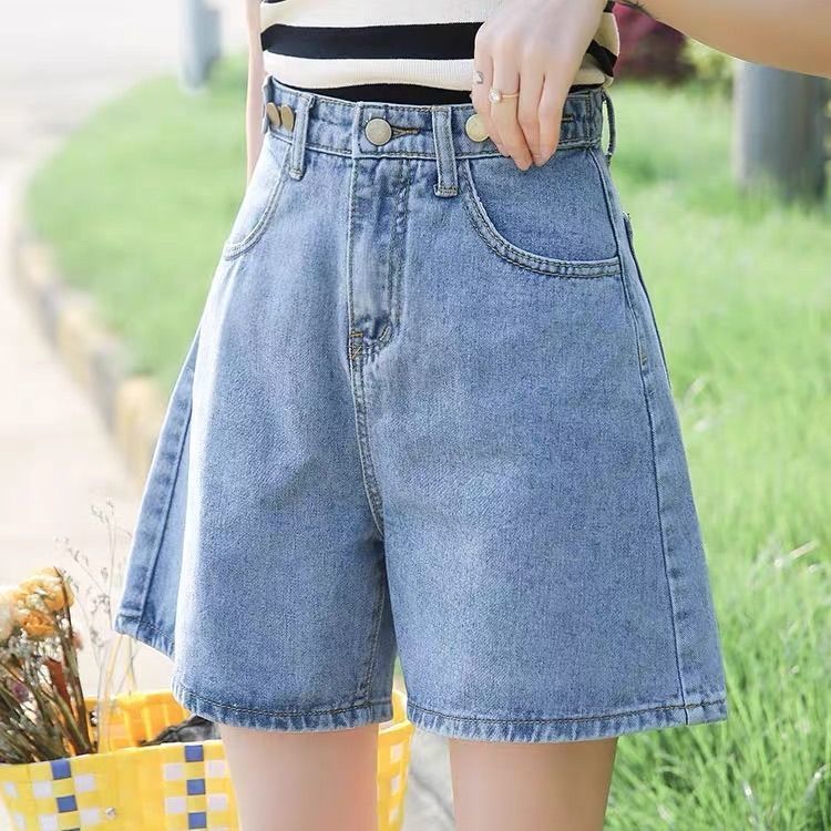 High waist denim shorts women's loose 2022 summer elegant slim student casual 5-point A-line wide leg pants fashion ins