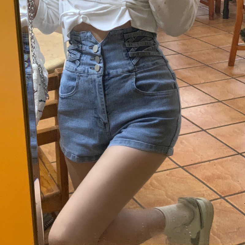 Spice Girls' small waist crossed super high waist abdomen closed denim shorts women's versatile hip lifting loose wide leg hot pants fashion ins