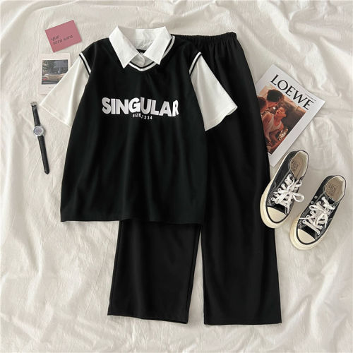 Summer new female student two piece set Korean loose five sleeve T-shirt polo collar top college style suit fashion