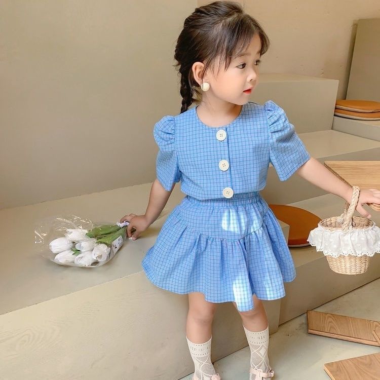Girls' set 2022 new girls' checked skirt two-piece set of exotic super girls' princess skirt girls' dress