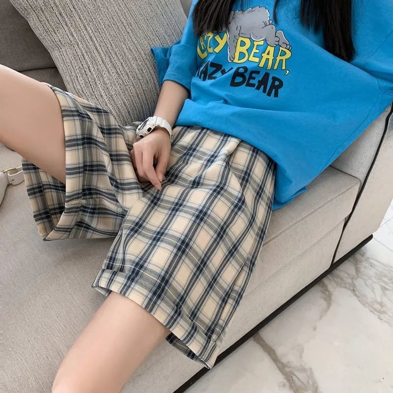 Blue Plaid Shorts female summer BF loose casual student sports pants wide leg slim Capris female hot pants