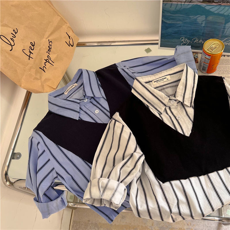 Children's shirts new products in spring and autumn of 2022 boys' and girls' fake two striped shirts foreign style baby shirt trend