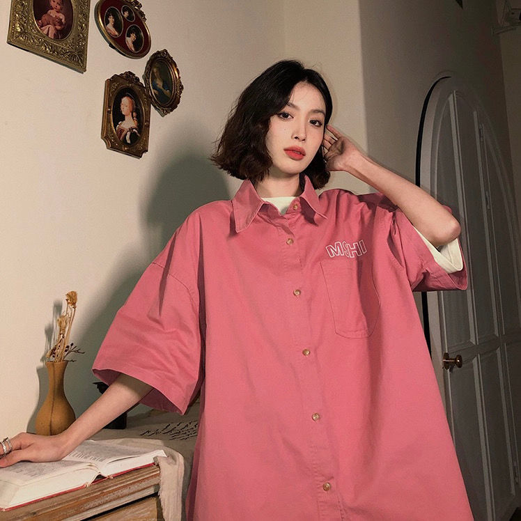 Short sleeve shirt female ins fashion Korean spring and summer student loose and versatile salt Harajuku BF Vintage cardigan shirt
