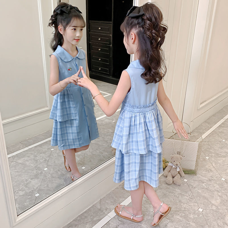 Girls' dress Summer Cotton 2022 new Korean version foreign style net red school style children's sleeveless shirt skirt