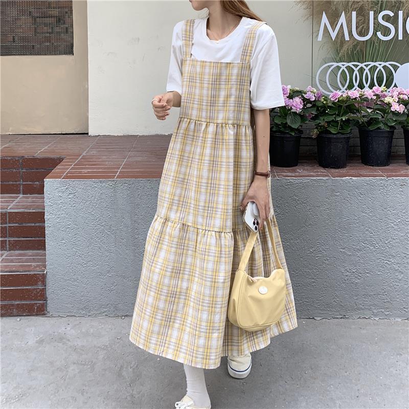 Plaid strap skirt female student summer small loose medium length college style vest dress one piece suit