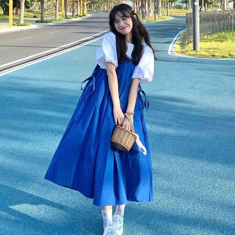 Summer sweet age reducing suspender dress set female student loose medium length college style suspender skirt two piece set