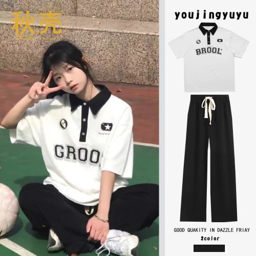 Autumn shell  summer new loose fitting suit female leisure sports student Japanese Polo Top Pants two piece set