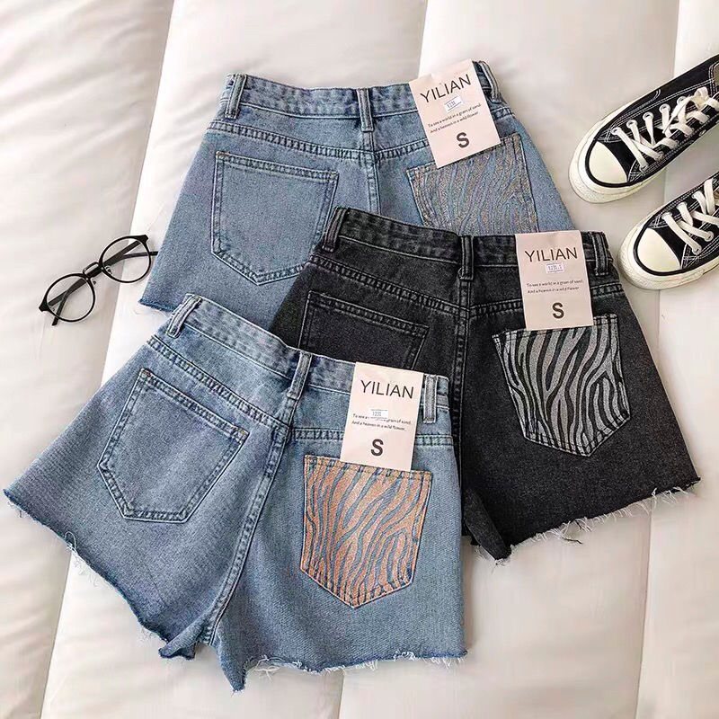 Ins design print pocket hole denim shorts women's 2022 summer new Korean High Waist Wide Leg hot pants