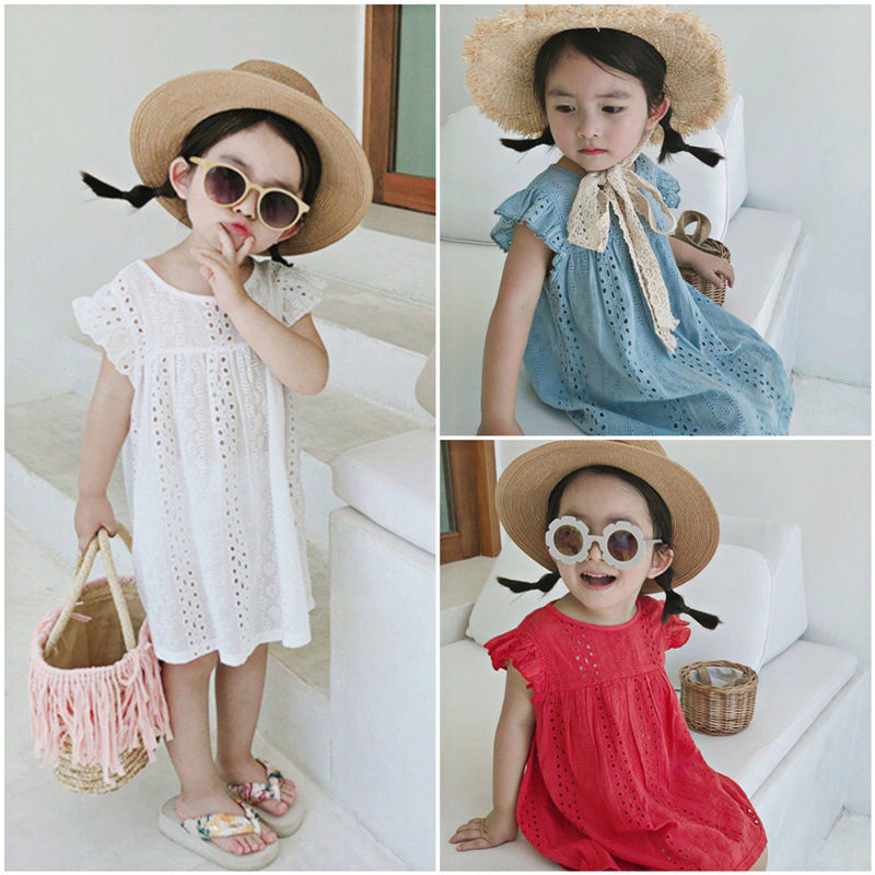 2022 summer new children's wear girls' Korean beach dress children's baby fly sleeve lace hollow princess skirt