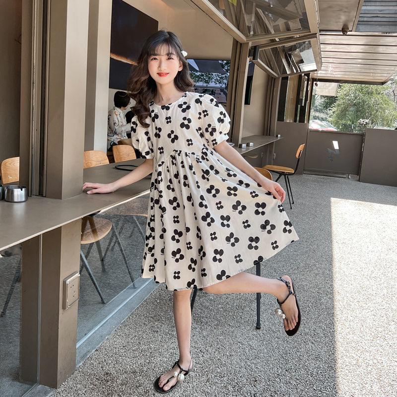 Girls' dress summer 2022 new foreign style children's summer bubble sleeve princess skirt middle school children's fashionable skirt