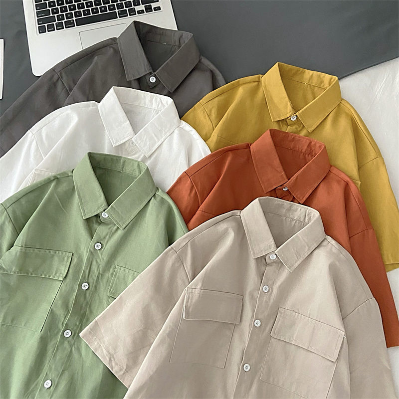 American retro trend short sleeve shirt loose Korean version solid color student lazy style niche Harajuku style half sleeve top