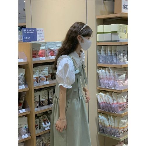 Summer Korean sweet bow strap skirt + bubble sleeve shirt female student middle and long strap skirt two piece set
