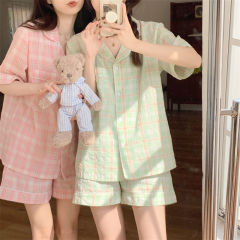 Ins Style Green Plaid Summer Cotton Pajamas women's short sleeve suit student dormitory summer home clothes thin