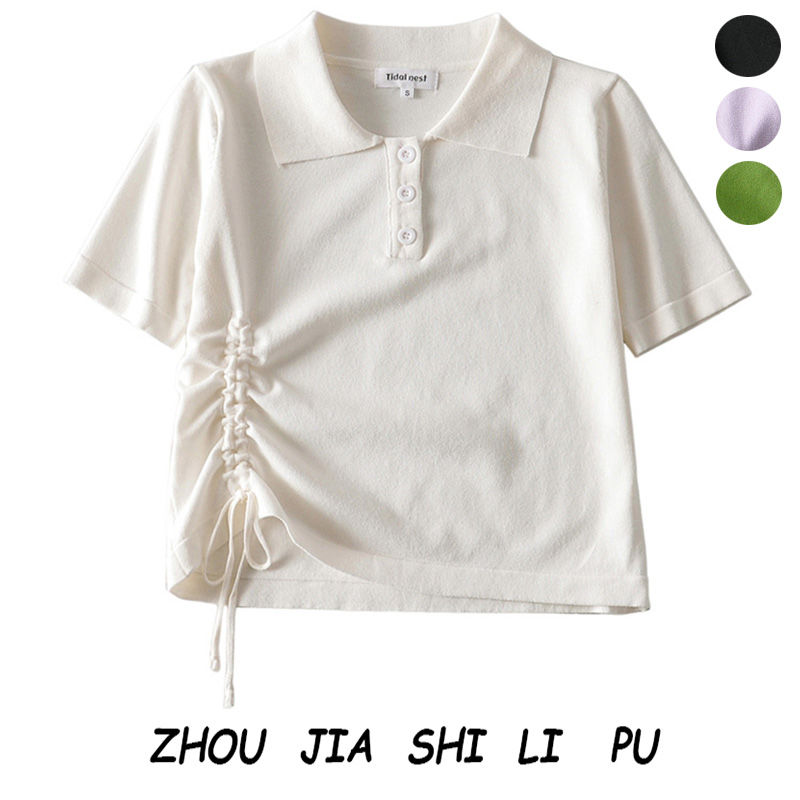 Minority sweet girl Polo neck short sleeve T-shirt high waist thin chic side drawstring half sleeve short top women