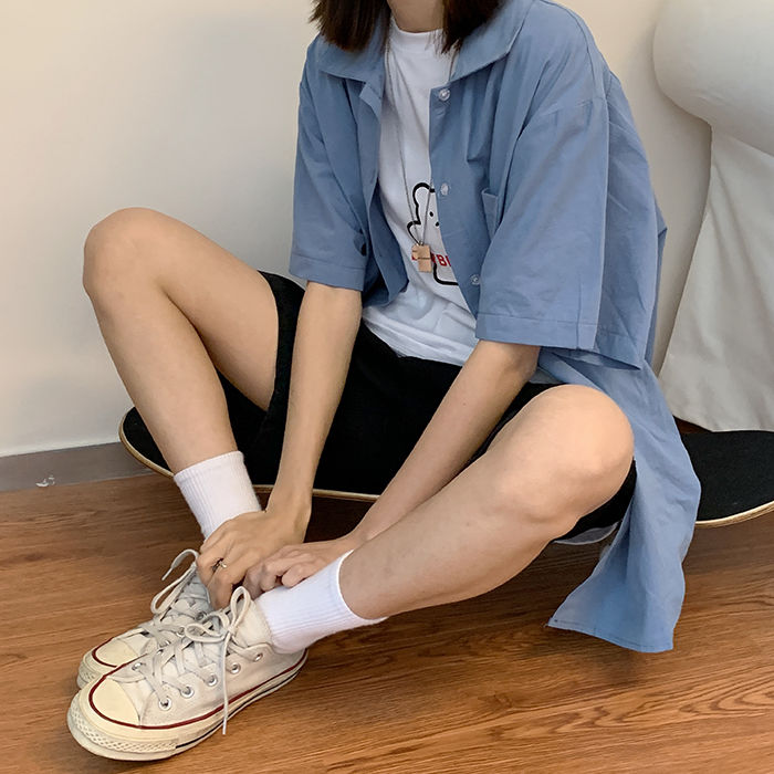 Ins short sleeve shirt female student Korean loose and versatile sunscreen shirt 2022 new Hong Kong style retro top fashion