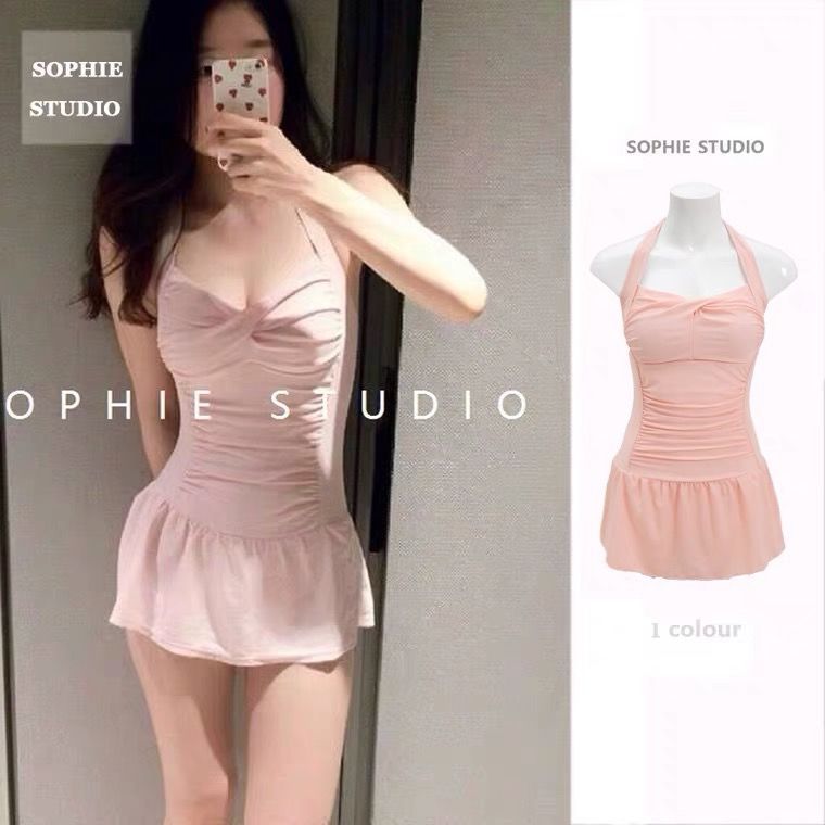 Baignade swimsuit women's one-piece skirt small chest fresh gathering large size conservative thin covering belly hot spring