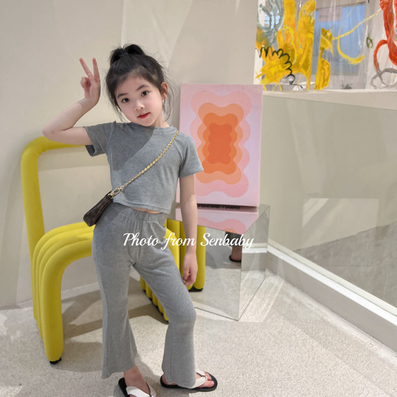 Girls' summer clothes 2022 new Korean Leisure Suit Girls' baby exotic short sleeve bell bottoms two-piece set