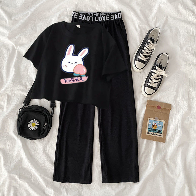 Summer Korean loose sixth grade primary school girl fashion short sleeve suit wide leg pants
