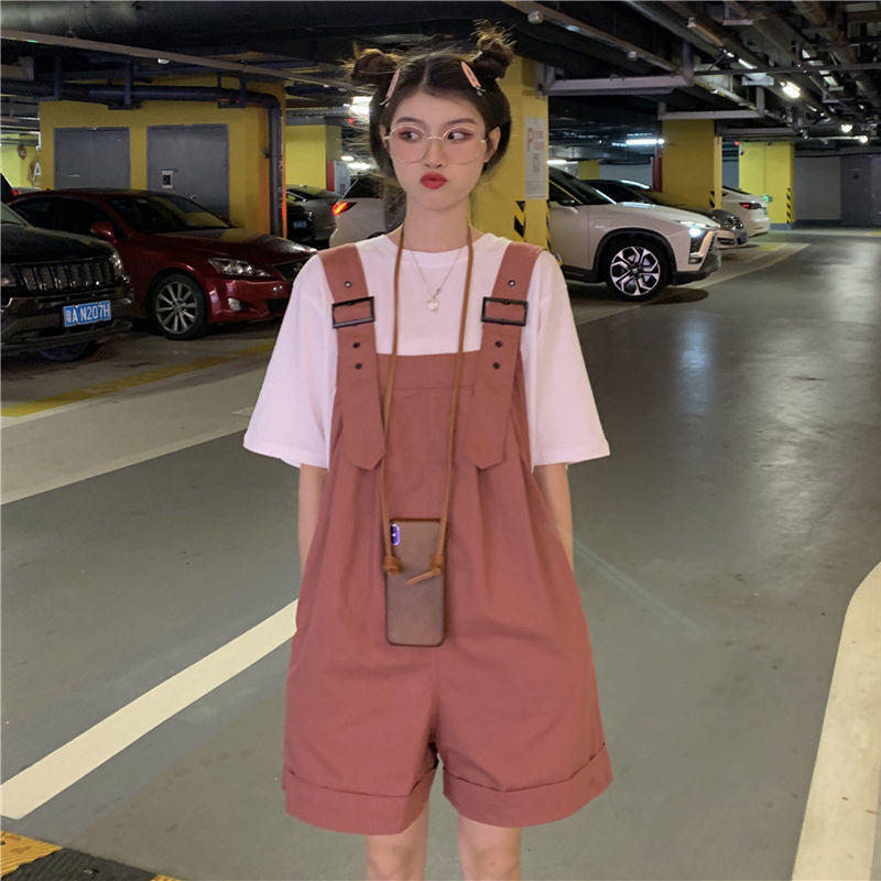 Single / suit suspenders 2022 new student Korean loose T-shirt + fashion casual Jumpsuit two piece set