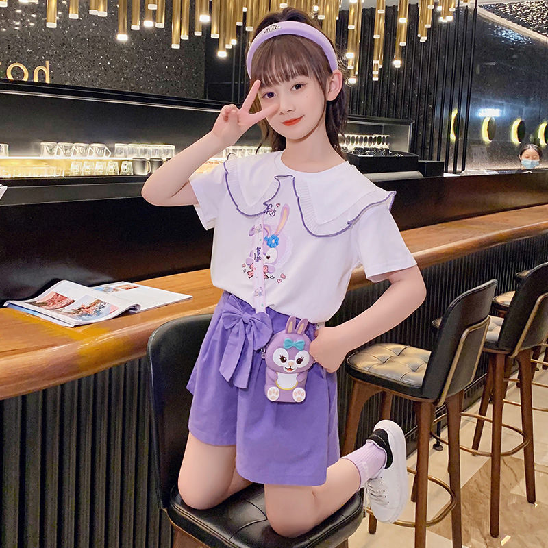 Girls' dress summer 2022 new exotic children's Princess Dress summer school short sleeve two piece shorts