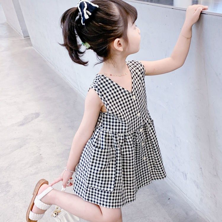 Girls' Plaid strap dress 2022 summer new female baby casual foreign style front and back wear fresh dress
