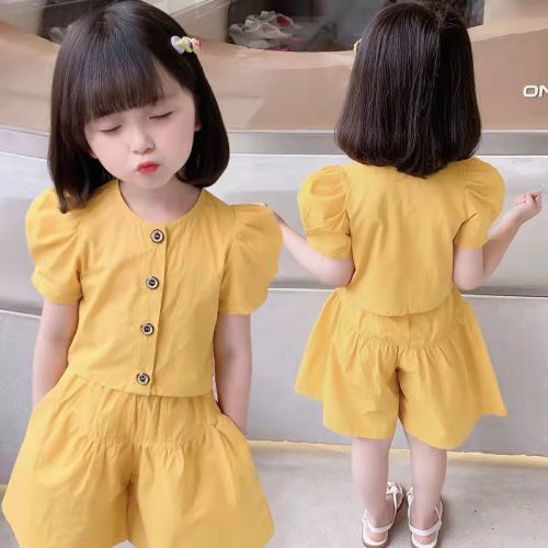 Girls' summer suit  new children's leisure summer suit girls' bubble short sleeve shorts foreign style two-piece set