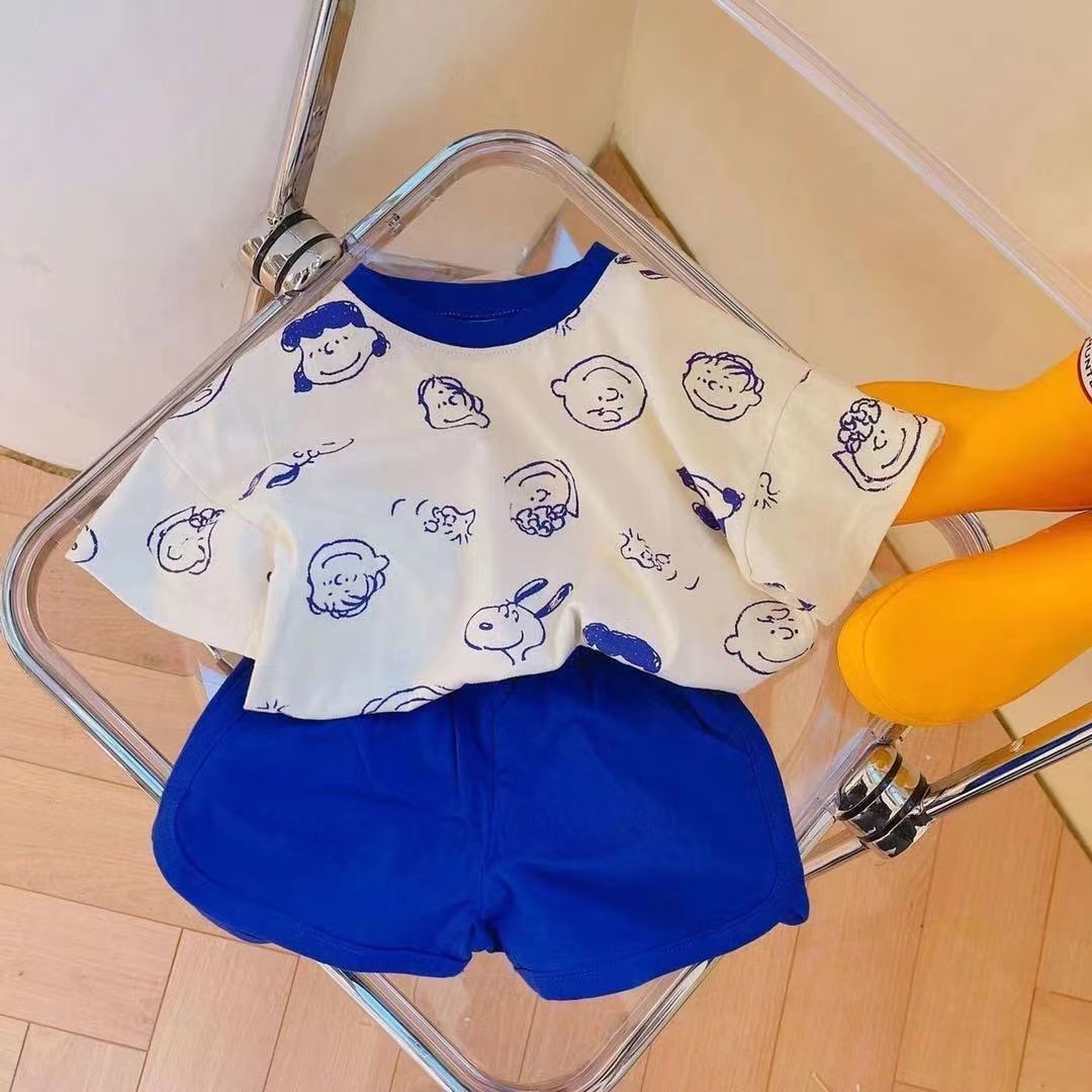 Boys' and girls' set summer 2022 new home children's short sleeve T-shirt 3 Korean baby Top Shorts two piece set fashion