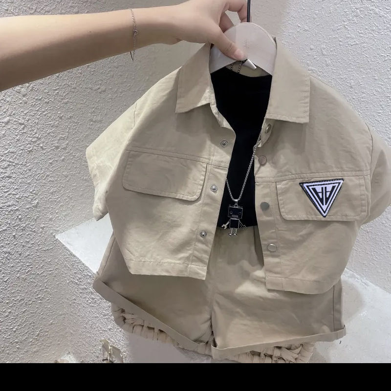 2022 children's summer new cool and handsome men's work clothes style boys' short sleeve three piece set men's and women's Baby Set 3 years old
