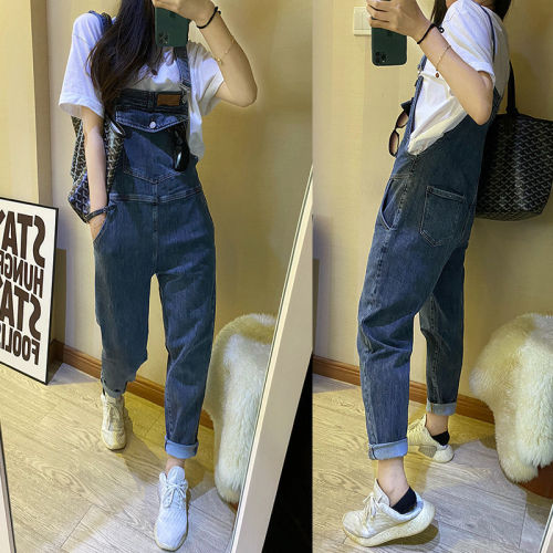 Denim suspenders women's 2022 summer new Korean fashion loose foreign style high waist age reducing slim suspender Jumpsuit