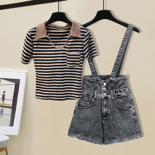 Summer suit women's 2022 new large slightly fat mm short sleeve T-shirt women's slim denim strap shorts two piece set [to be delivered within 15 days]