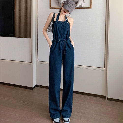 Denim suspenders women's summer new fashion design feeling hanging neck and waist tight loose straight tube wide leg floor one-piece pants