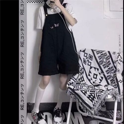 Korean version of INS Harajuku ghost Horse Series Butterfly embroidered cowboy suspenders female summer students' versatile thin shorts trend