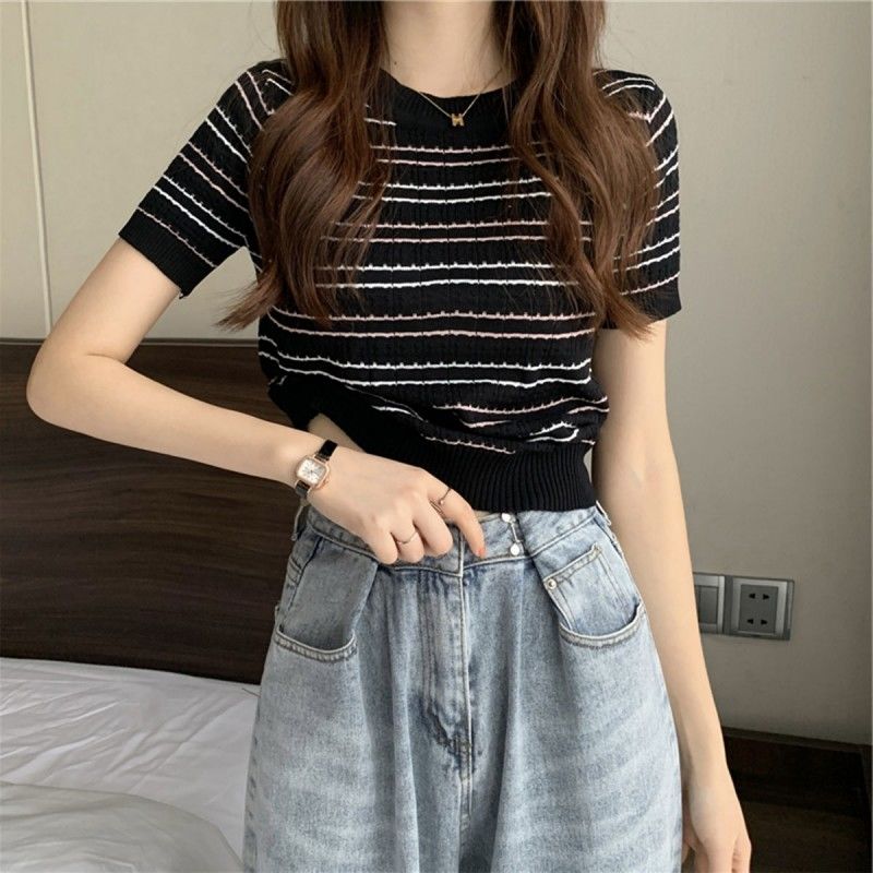 2022 summer new stripe thin knit short sleeve T-shirt women's fashion foreign style short top bottomed shirt trend