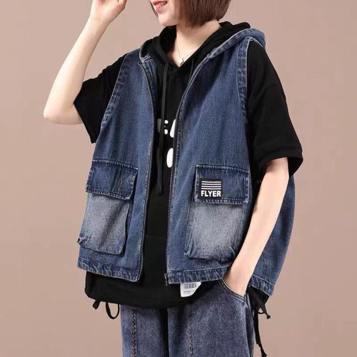 Korean casual hooded cowboy waistcoat women's spring and autumn new large loose casual versatile jacket