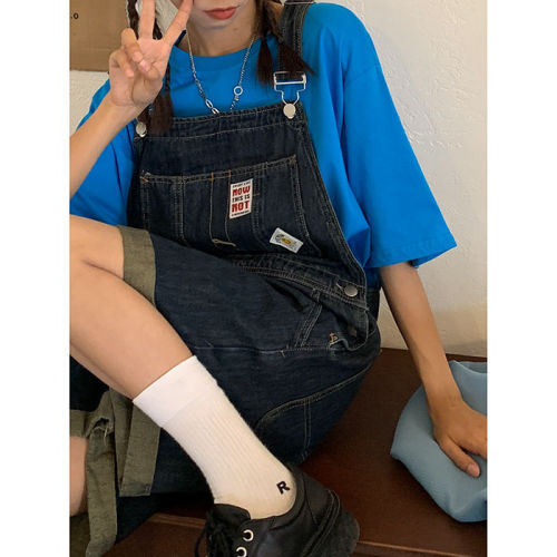 Denim suspender shorts women's spring 2022 new loose dark blue high waist straight tube suspender wide leg quarter pants