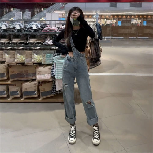 One shoulder shoulder shoulder strap straight tube jeans with irregular holes women's spring and summer 2022 high waist loose thin wide leg long pants
