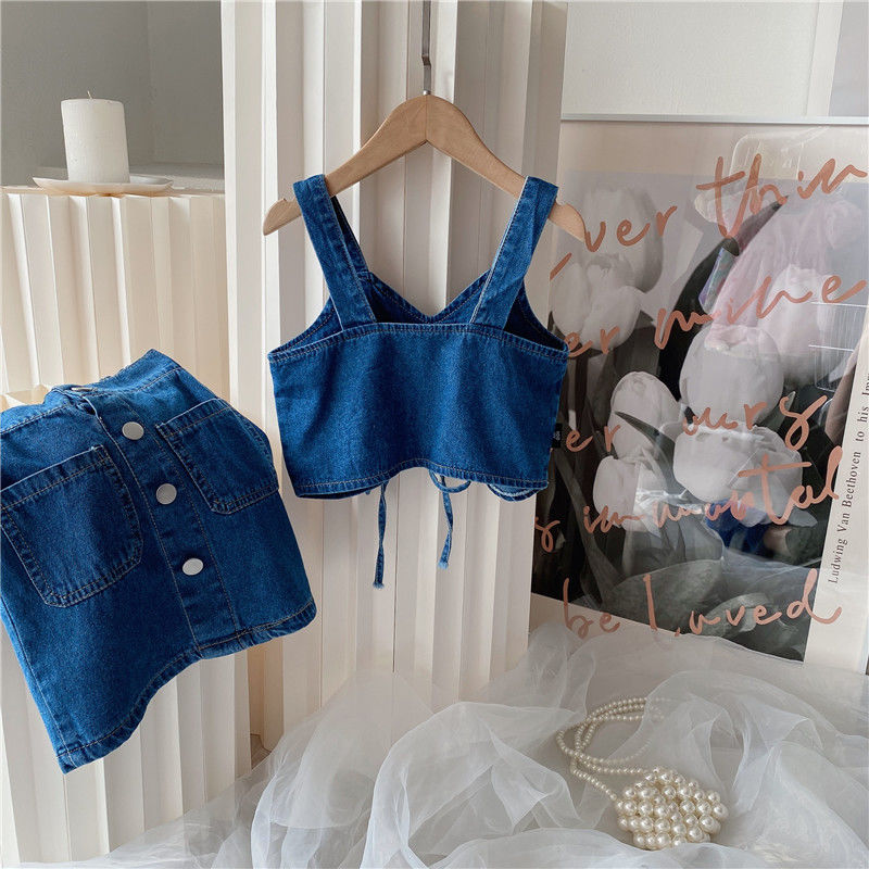 Girls' denim suit 2022 summer new children's wear little girls' suspender vest baby skirt two piece set fashion