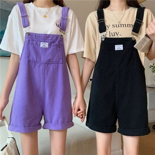 Summer 2022 new Korean version small loose reduced age student one-piece shorts high waist five point cowboy strap