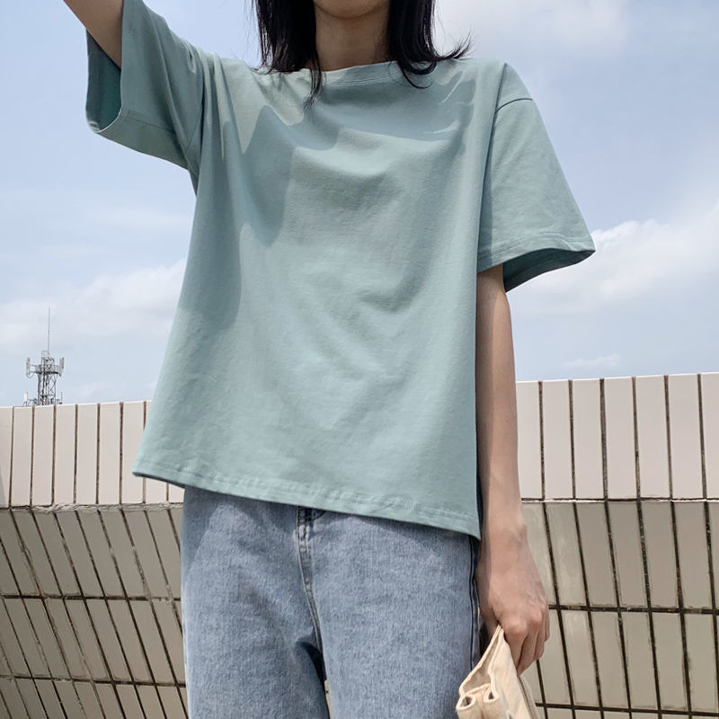 Sky Blue Short Sleeve T-Shirt women's loose cotton simple summer new versatile solid top student T-shirt fashion ins