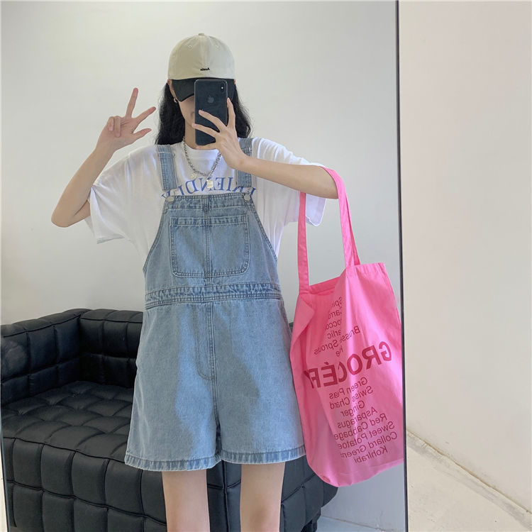 Denim suspenders women's summer 2022 new loose wide leg straight pants retro age reduced High Waist Shorts women