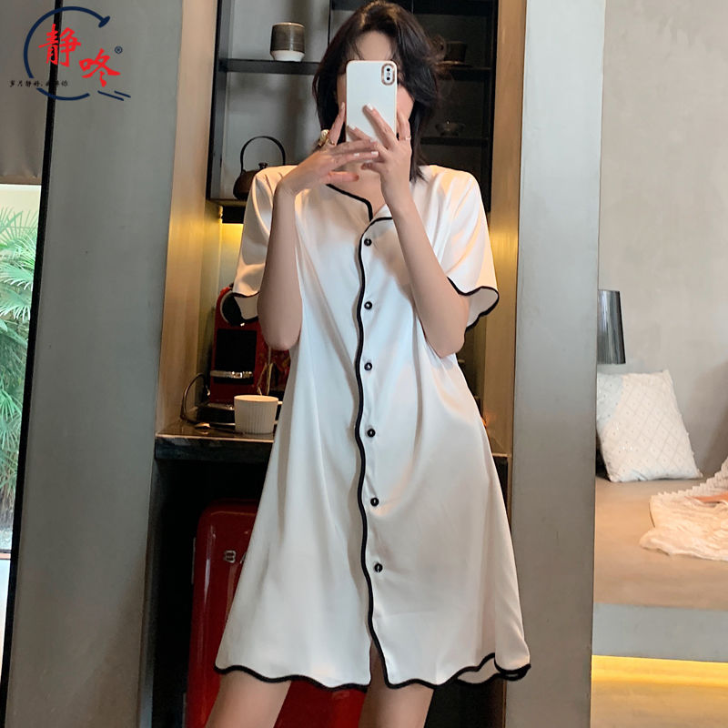 Ice silk nightdress women's summer white silk short sleeved cardigan loose large medium long imitation silk sexy pajamas