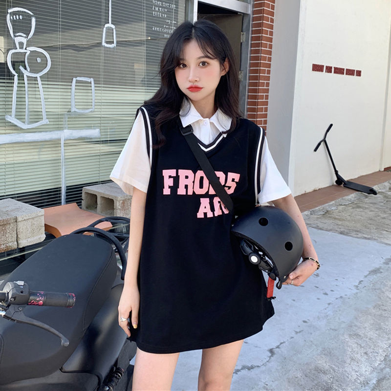 Basketball clothes summer women's short sleeve fake two-piece top 2022 new loose design sense lower garment missing T-shirt ins trend