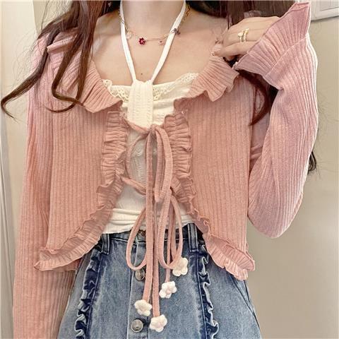 Sunscreen pink flowers, wood ear edge cardigan, women's new spring and summer , lace up short shawl air conditioning shirt