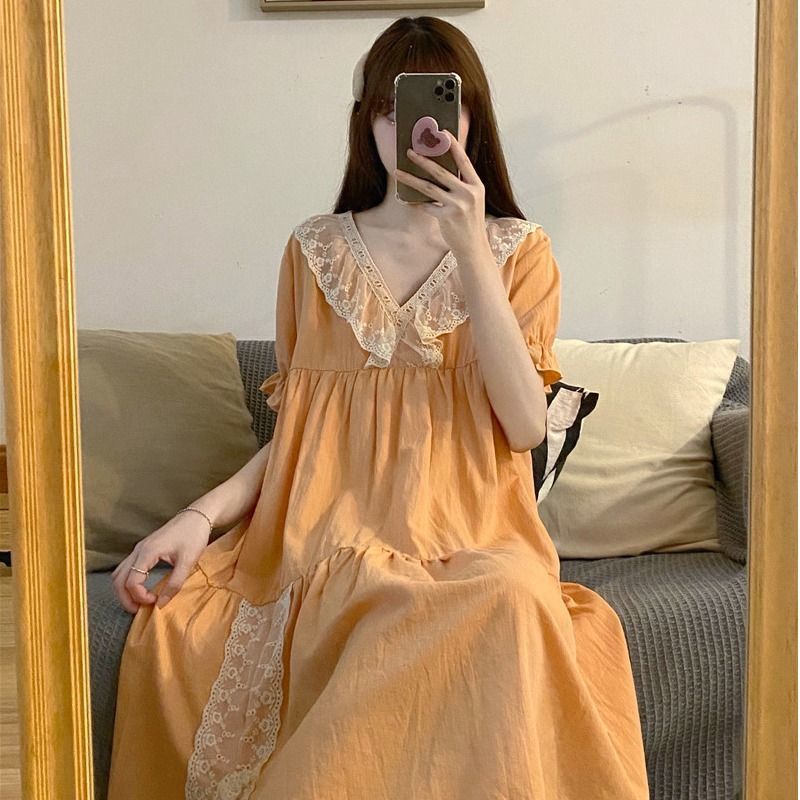 Court style cotton pajamas women's summer new sweet lace V-neck short sleeve nightdress home clothes can be worn outside