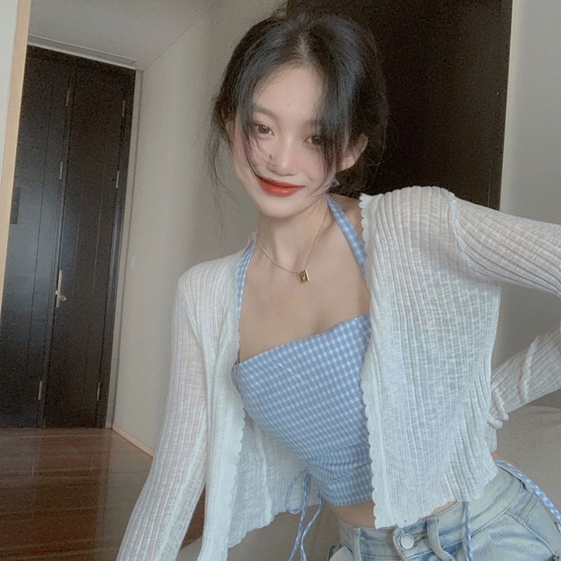 White sunscreen cardigan women's spring and summer short thin shawl blouse with ice silk long sleeve jacket outside the sling
